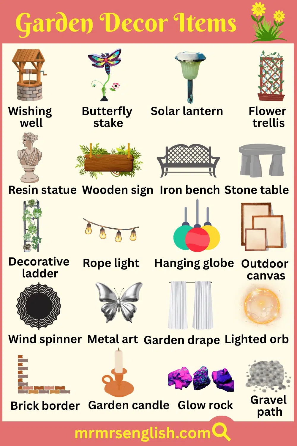 Names with Pictures of Garden Decor Items