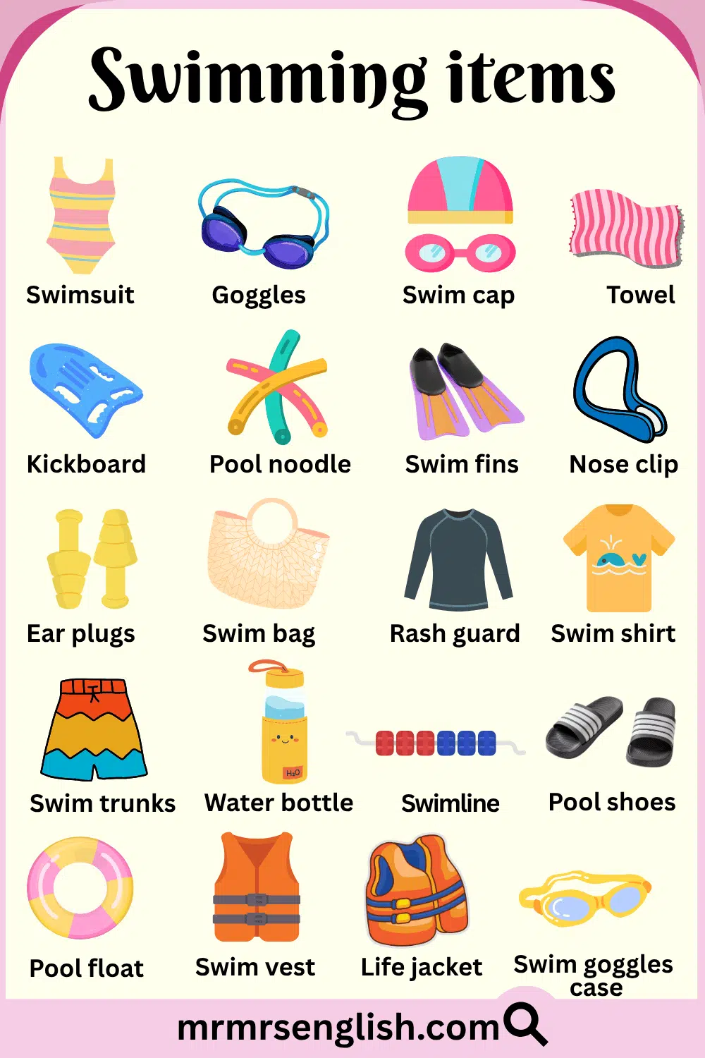 Swimming Items Names in English with Pictures