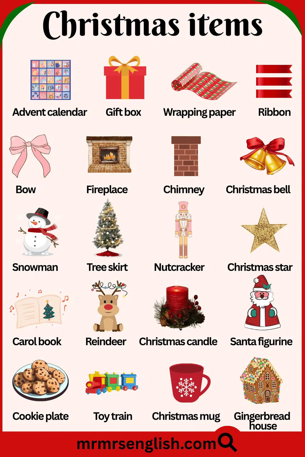 Christmas Words List and their Pictures