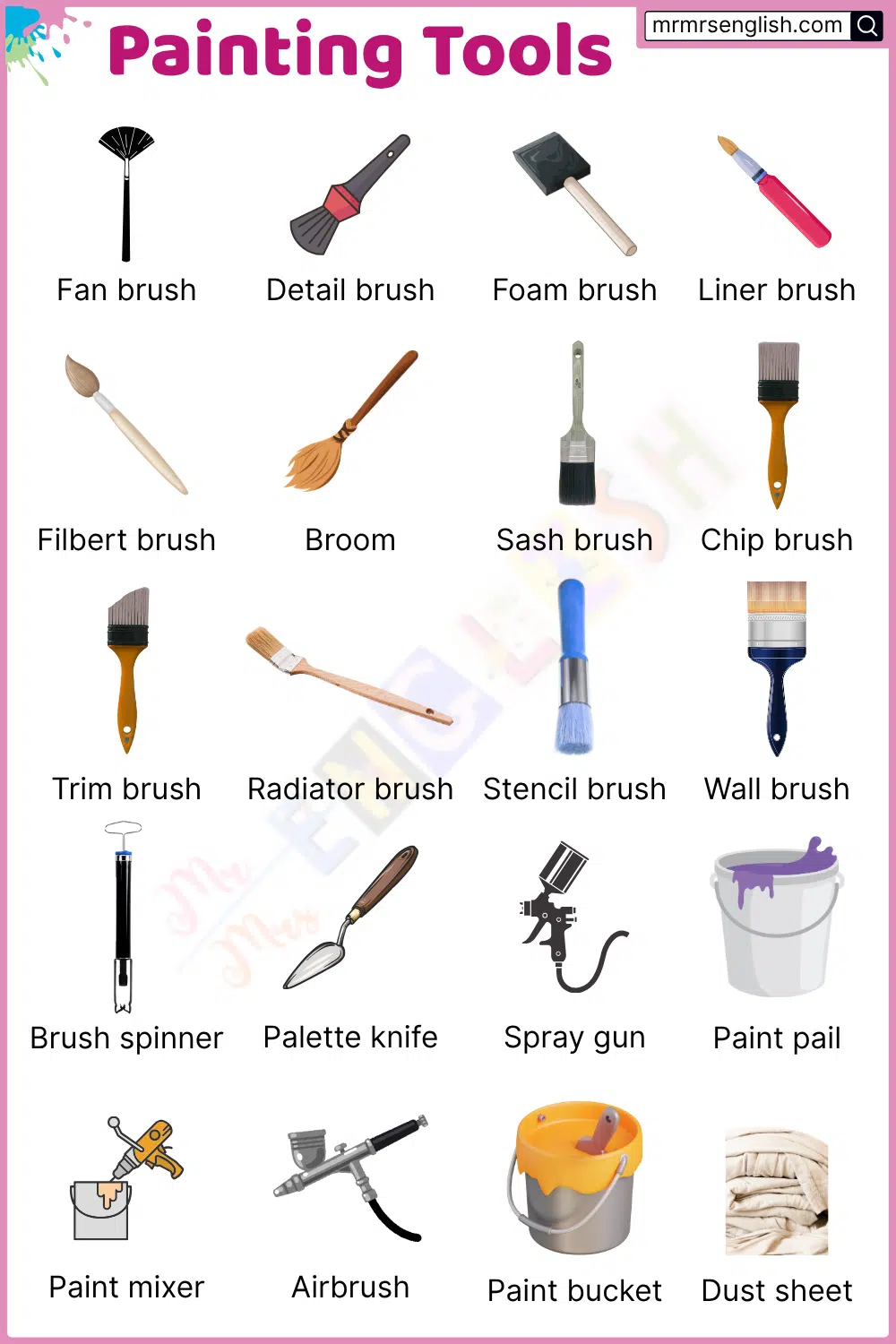 Common Painting Tools Pictures with names in English