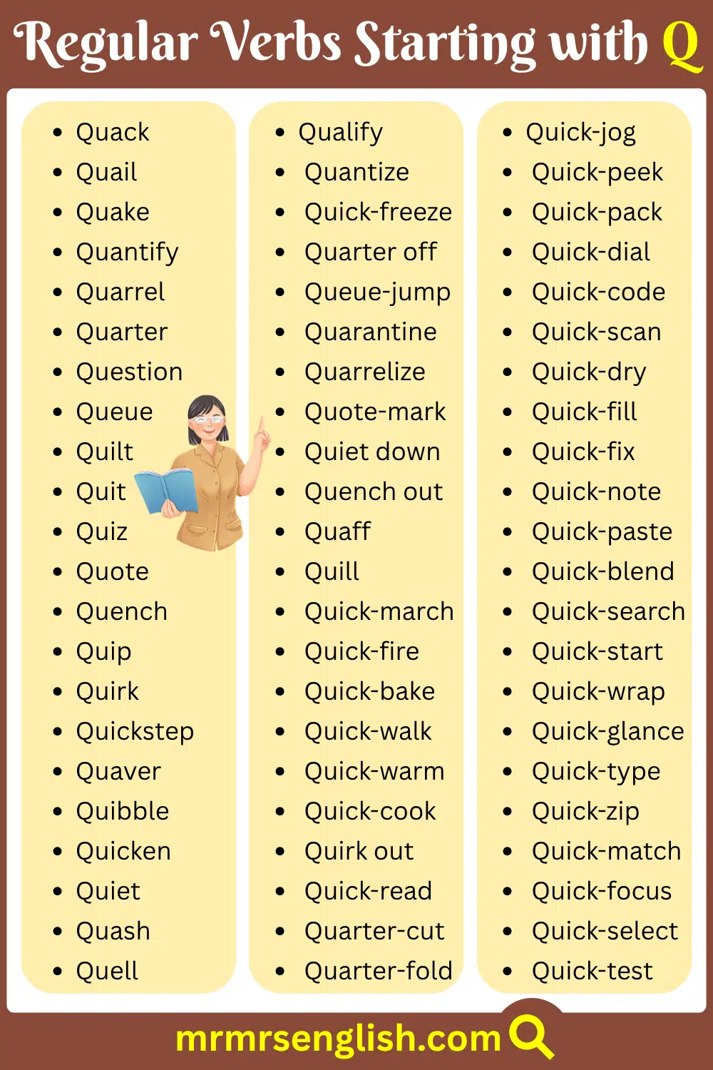 Everyday used Regular Verbs Starting with Q