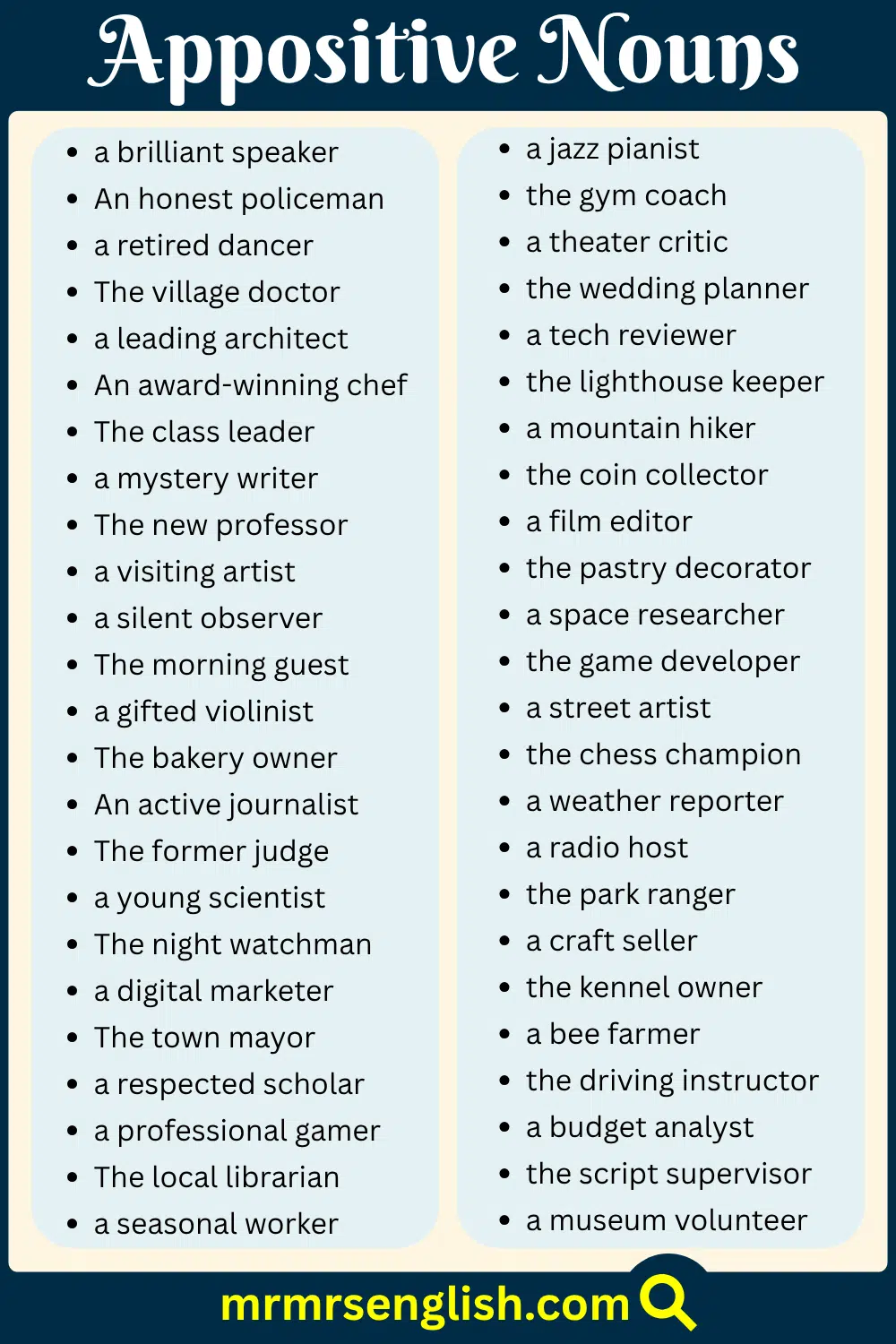 Examples of Appositive Nouns in English