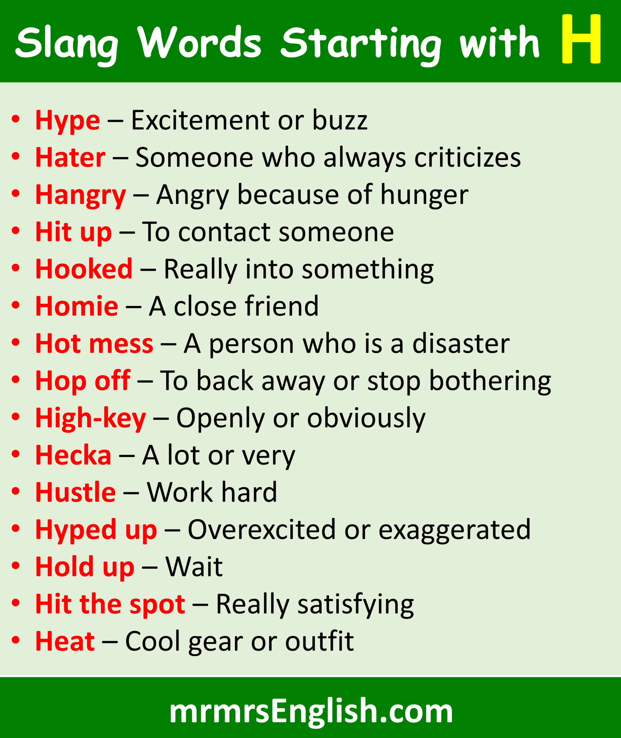 H Slang words with meanings and Pictures