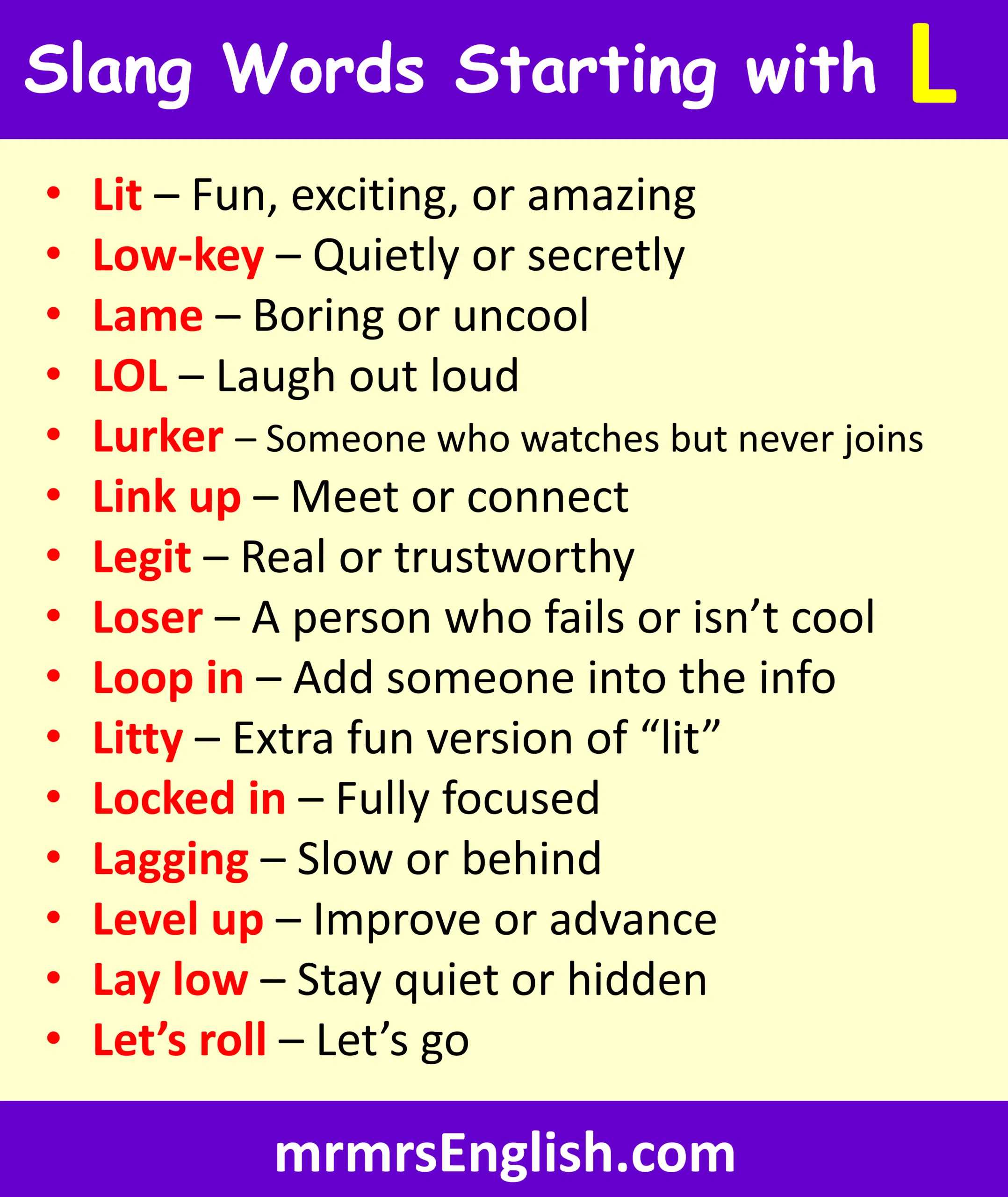 L letter slang words with meanings
