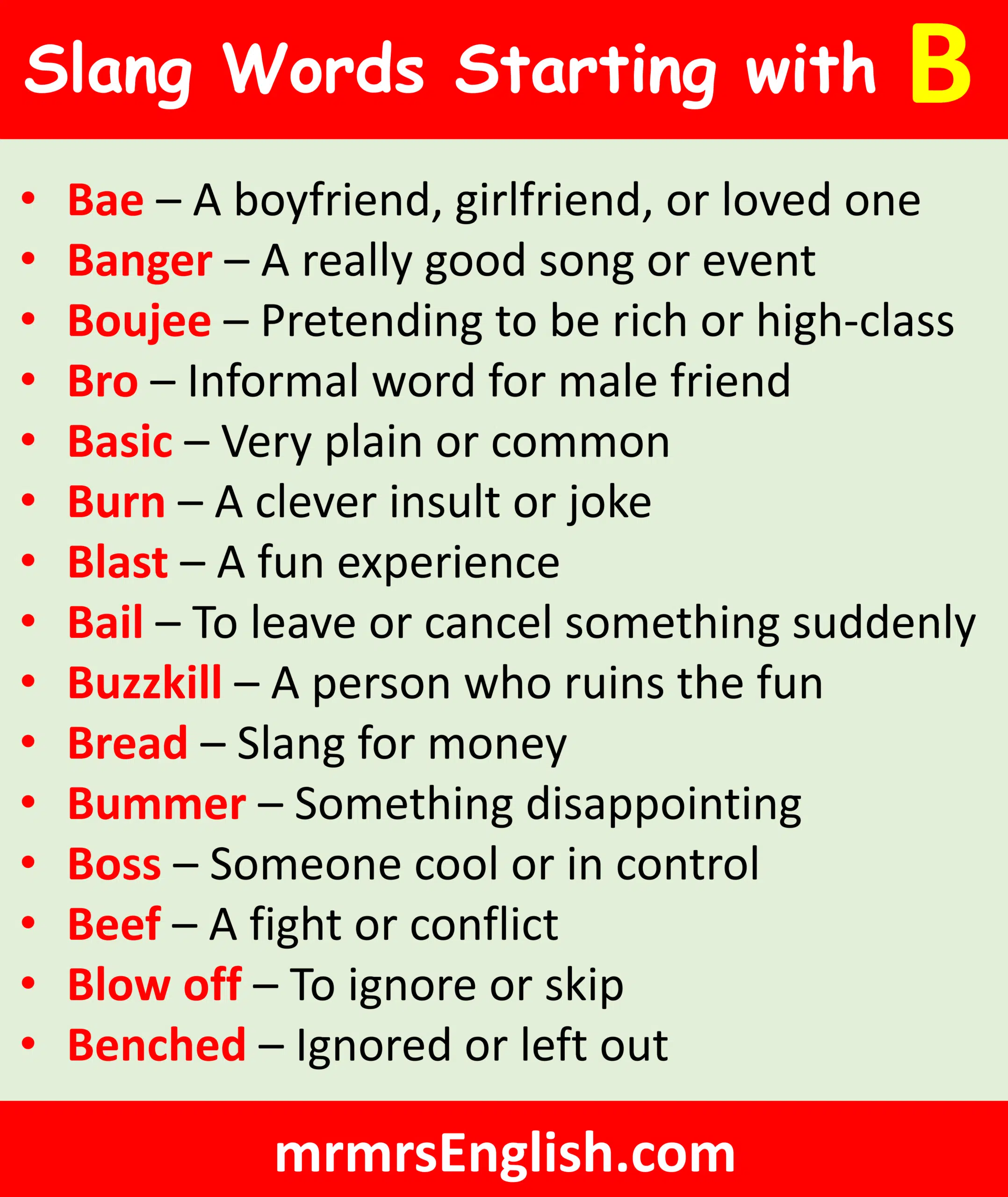 Learn Slang words starting with B with meanings