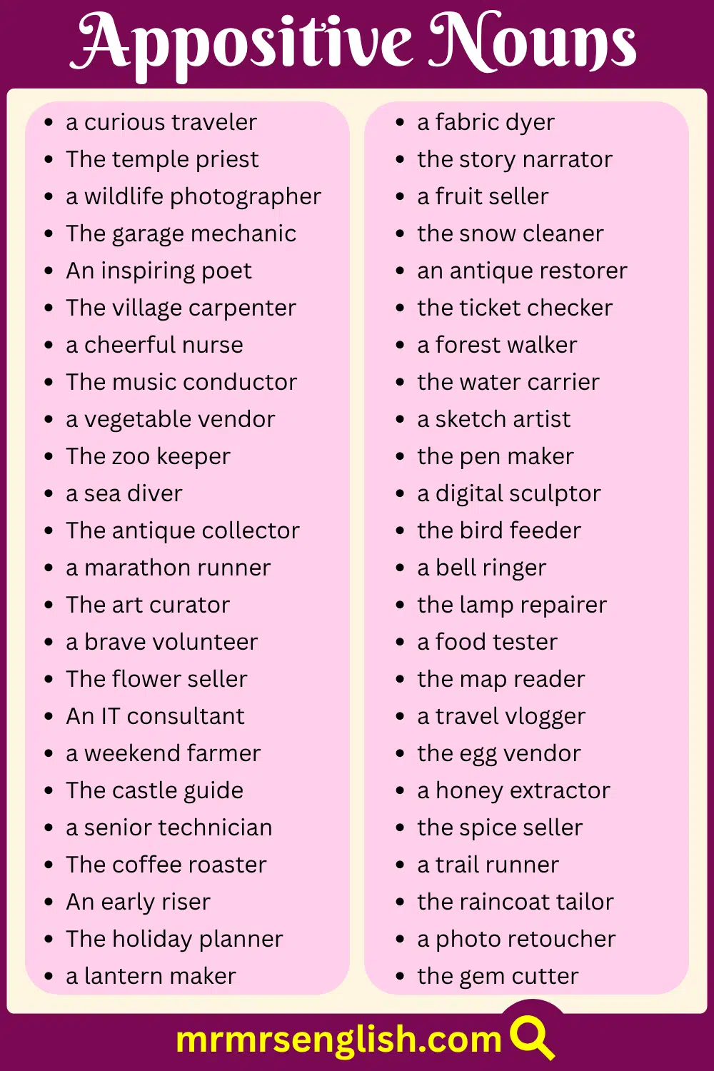 List of English Appositive Nouns for Beginners