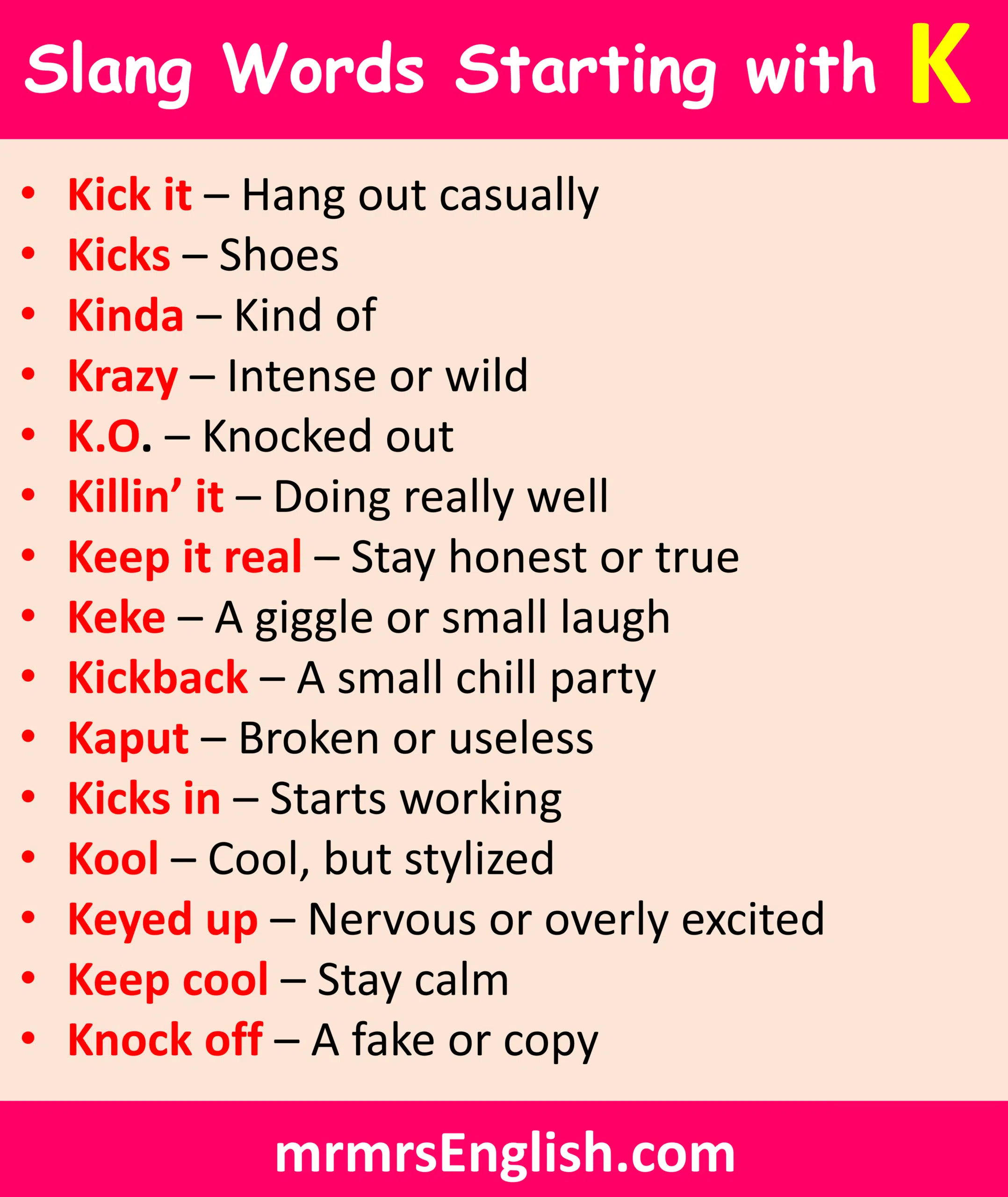 Mostly Used K letter Slang Words with Pictures