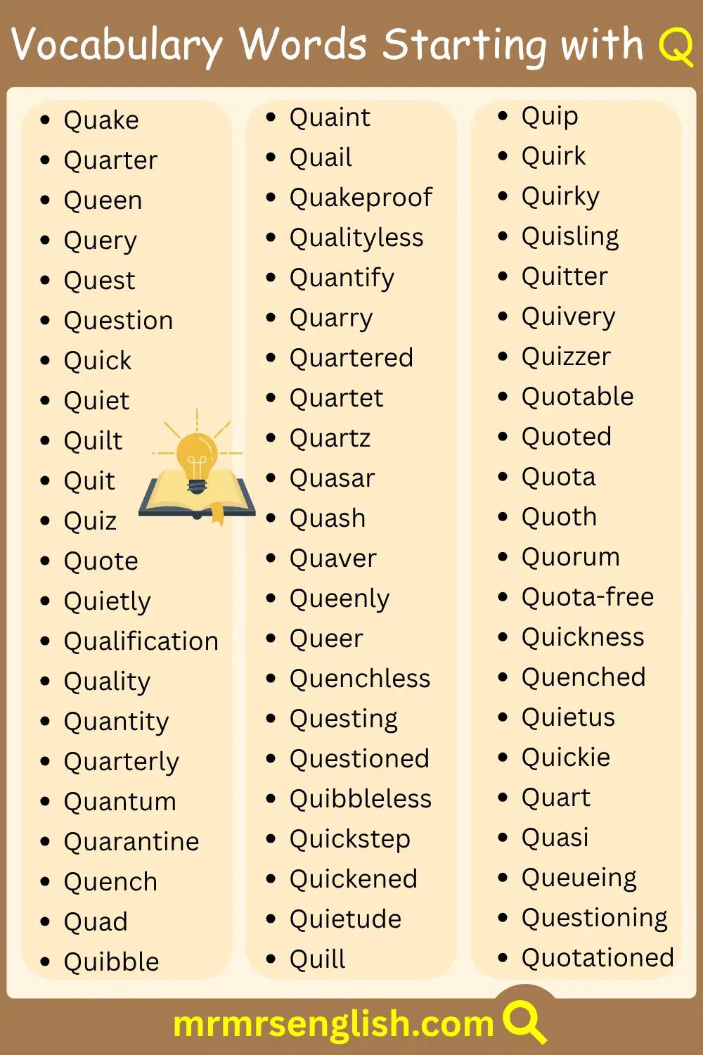 Normal English Vocabulary words starting with Q