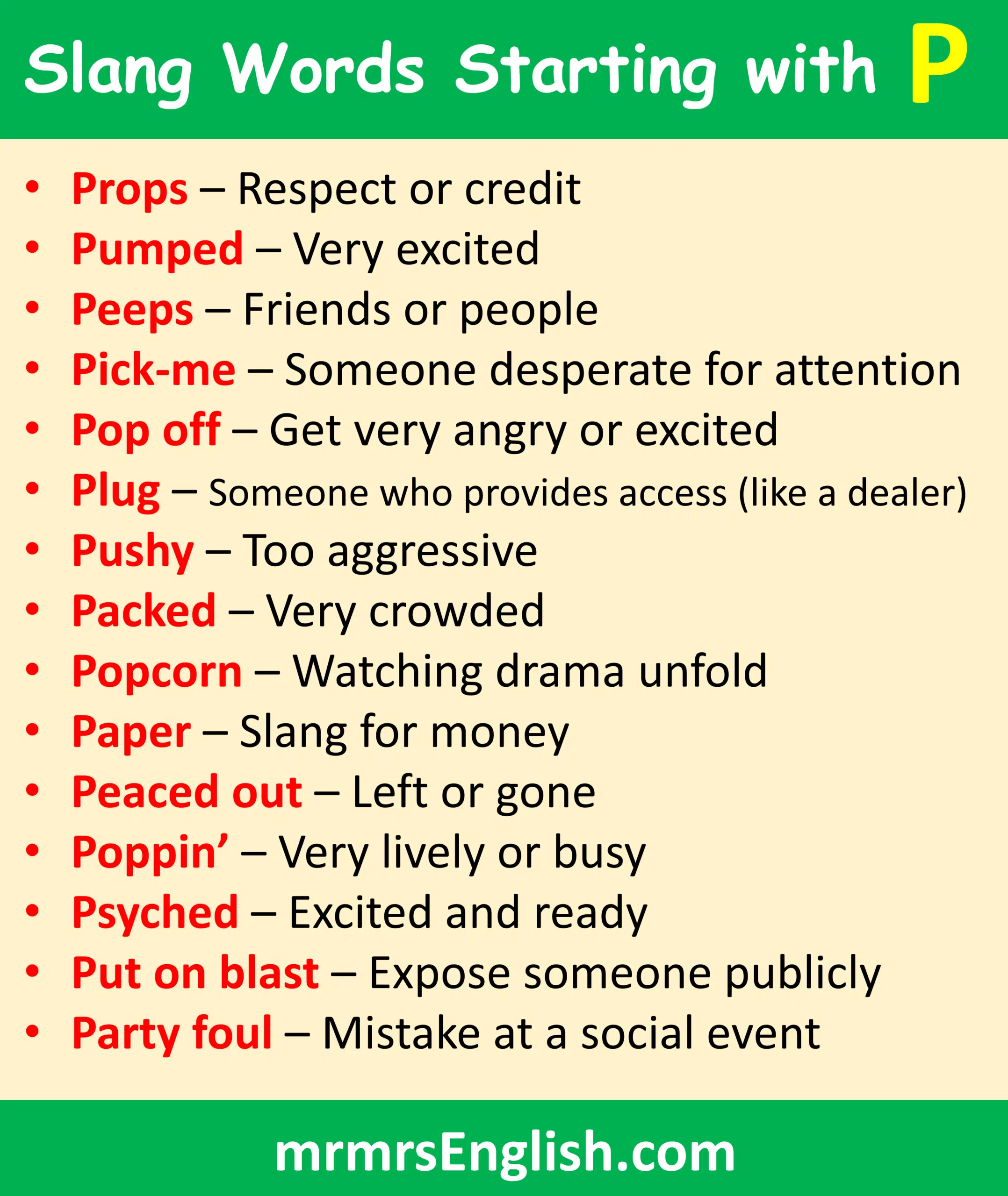 Slang words starting with P letter with meanings
