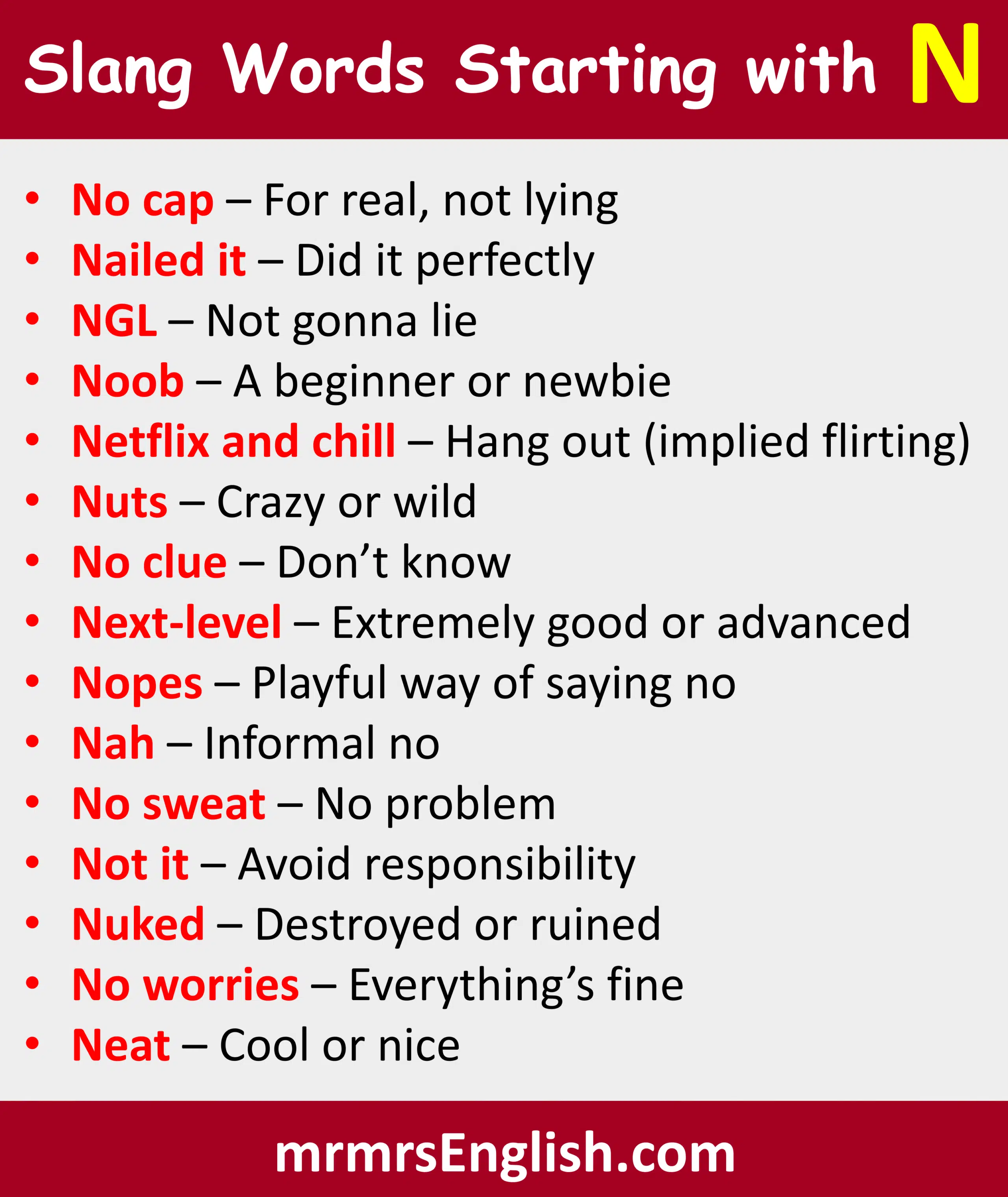 Slang words that start with N with Meanings