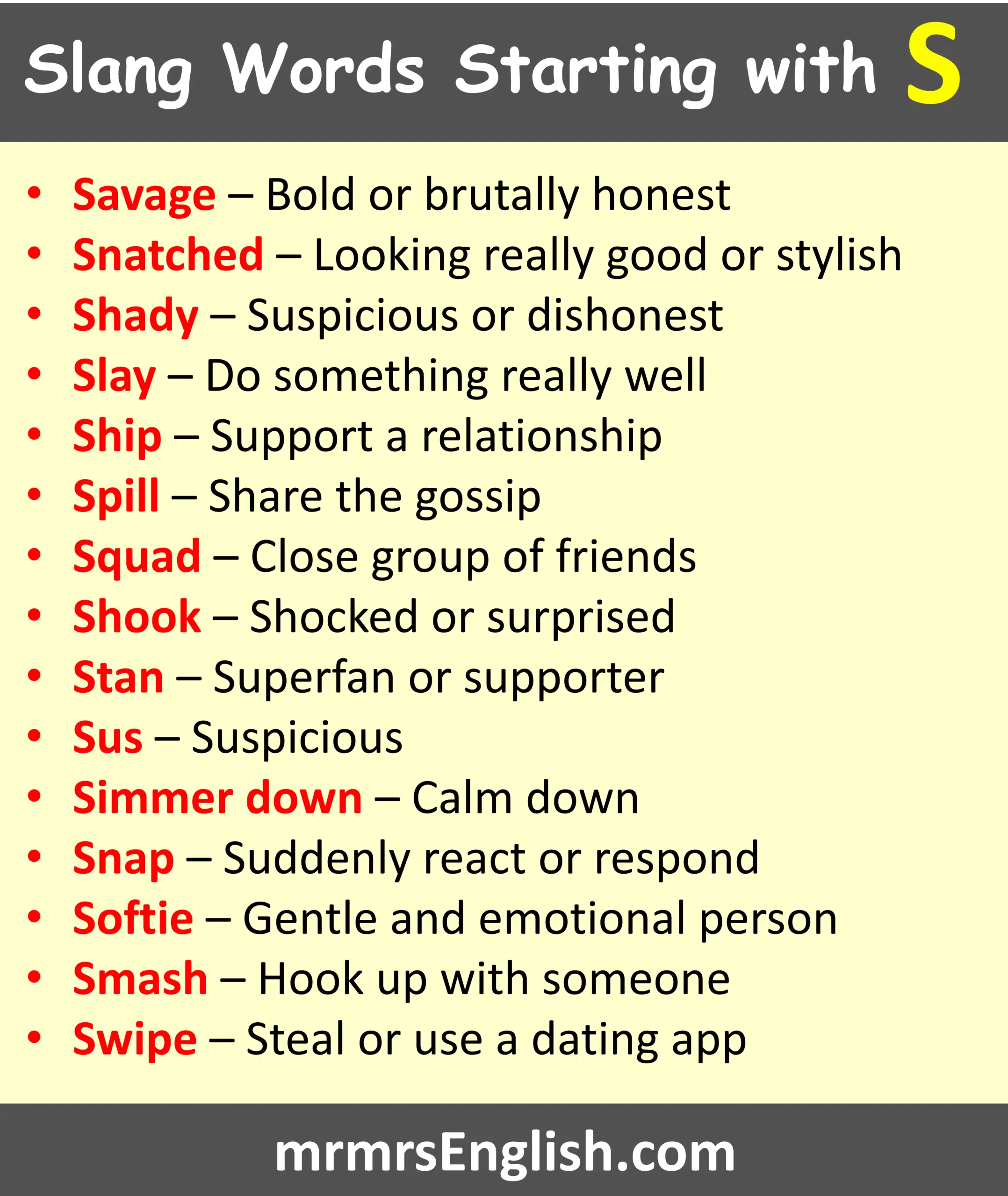 Super Common S Slang words with Meanings
