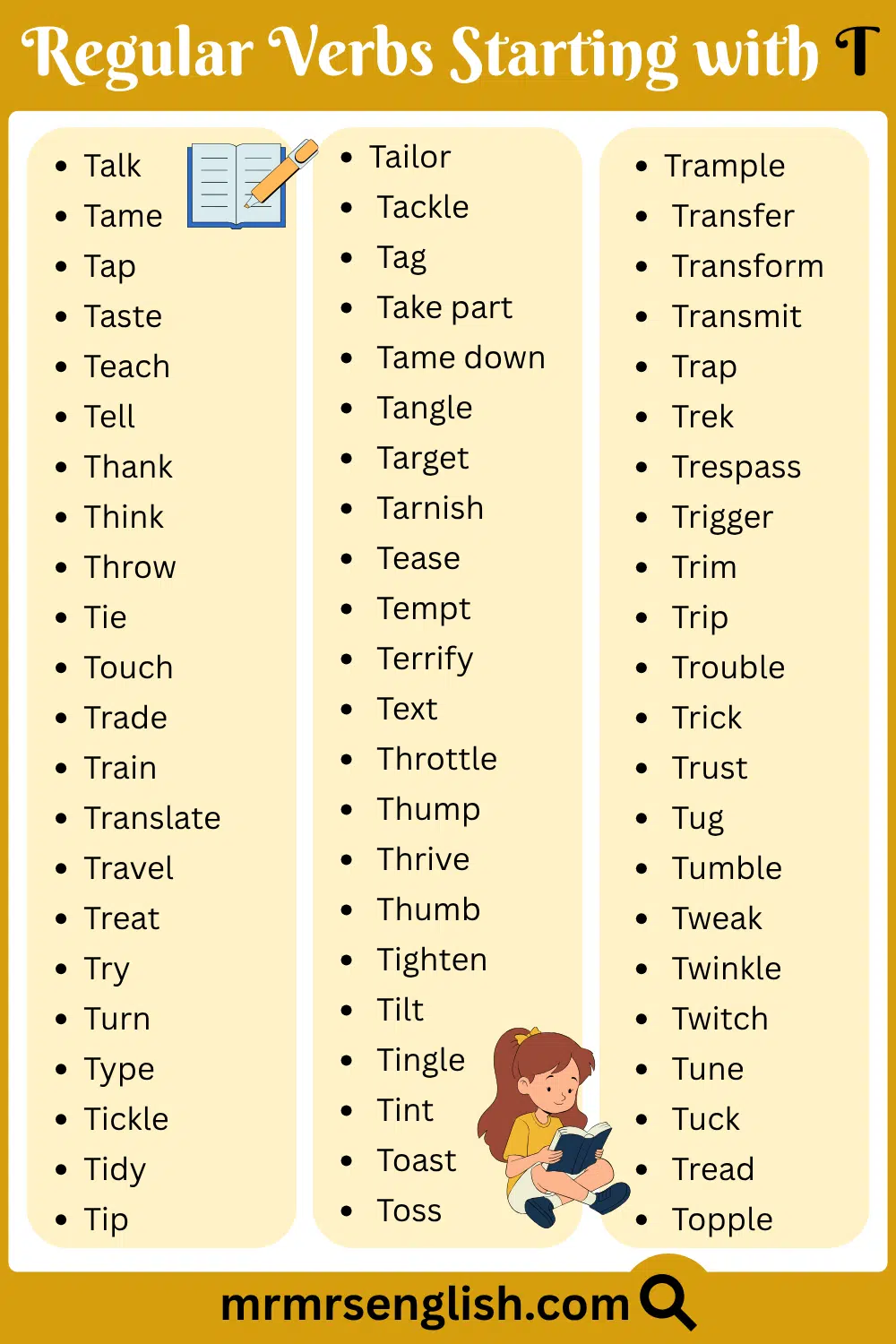 T Regular Verbs list from A to Z