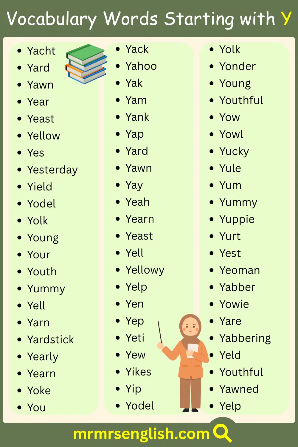 Y words list from A To Z Vocabulary Words in English