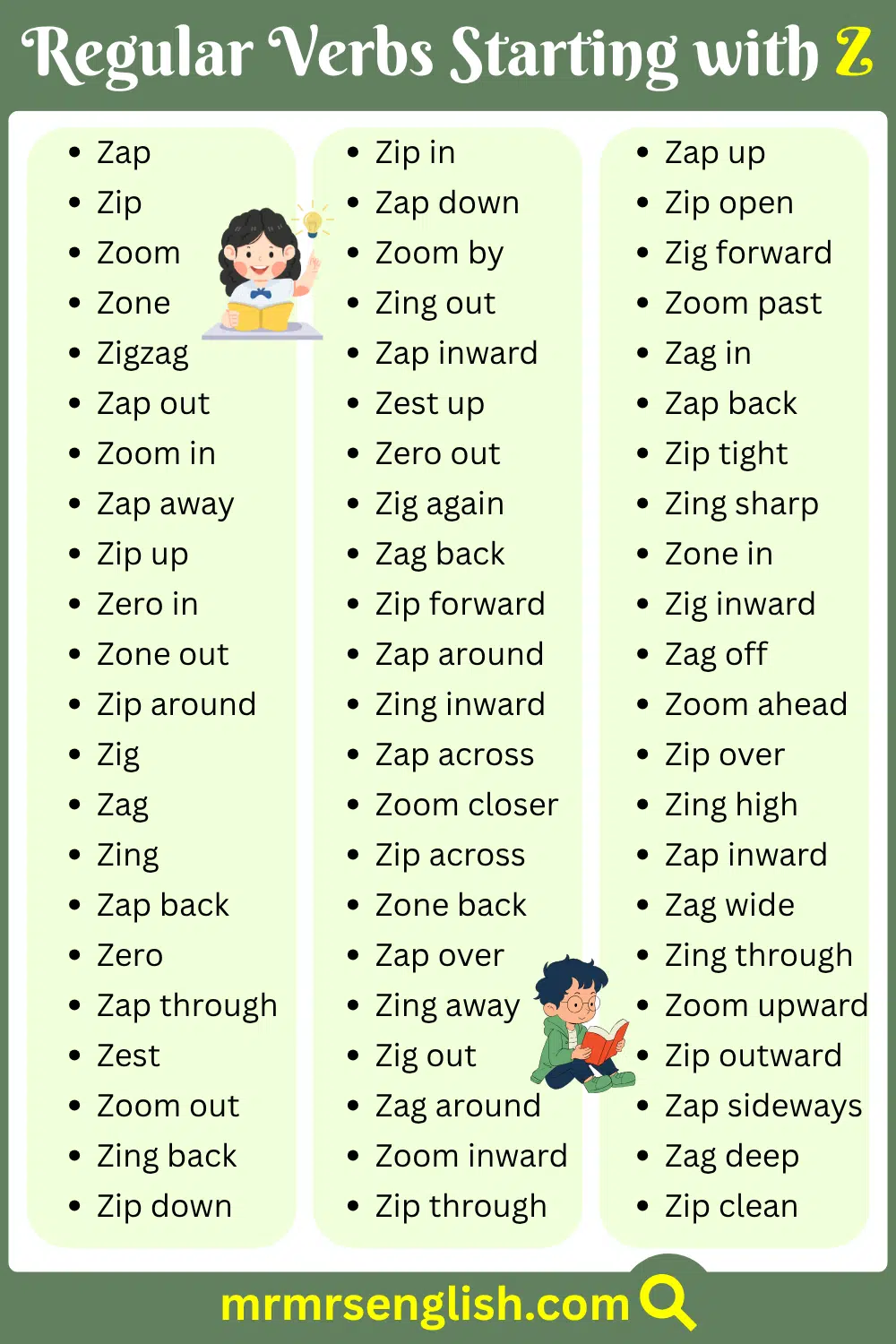 Z Regular Verbs list from A to Z