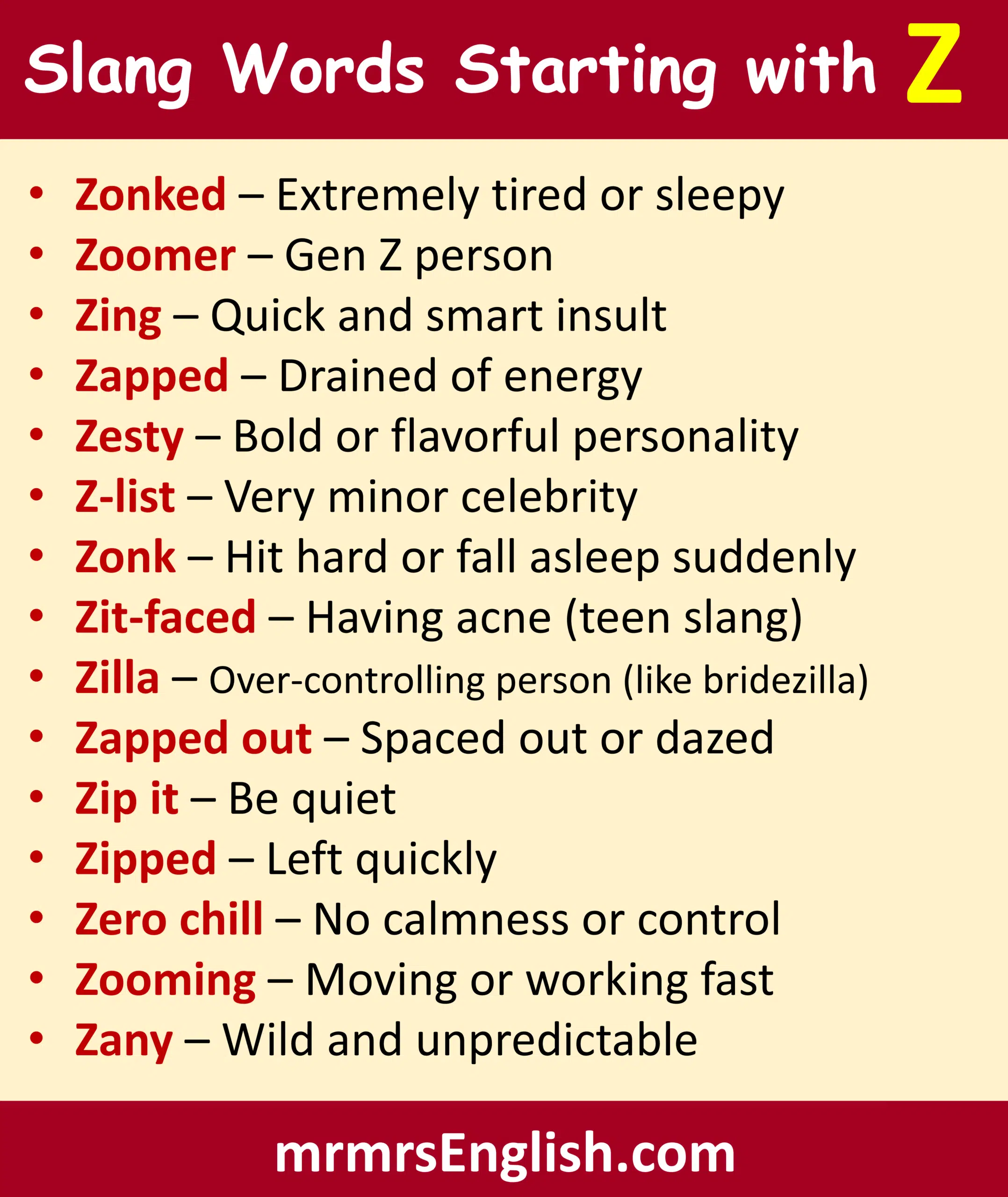 Z Slang Words with meaning in English