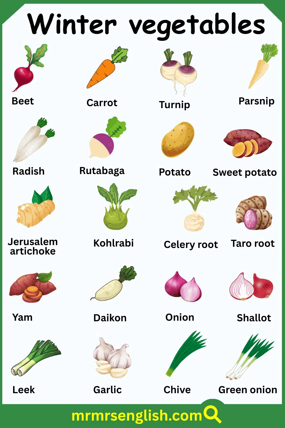 100 Winter Vegetables Names in English with Their Pictures - MR MRS ENGLISH, image size:1000x1500