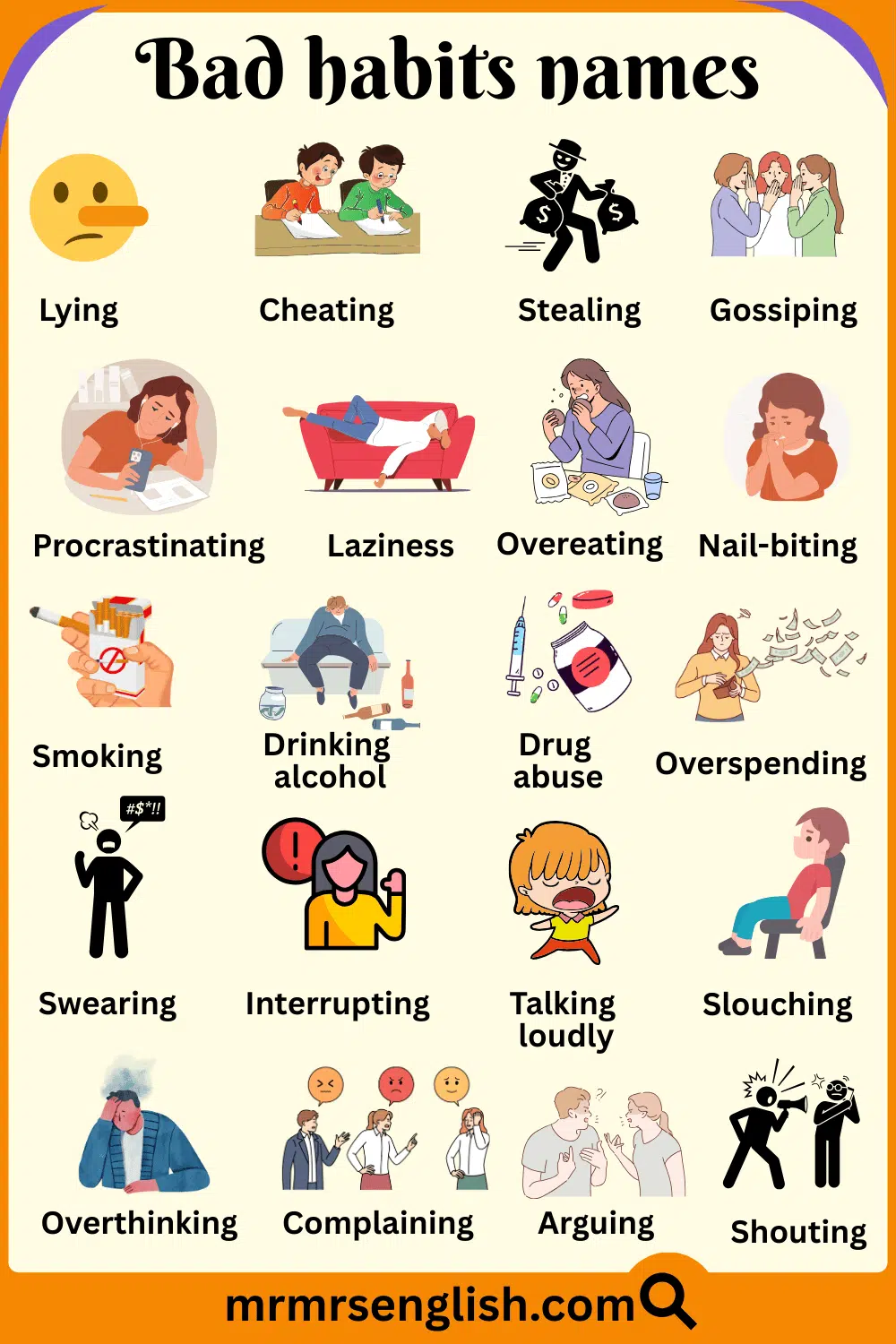 Bad Habits Names in English with Pictures