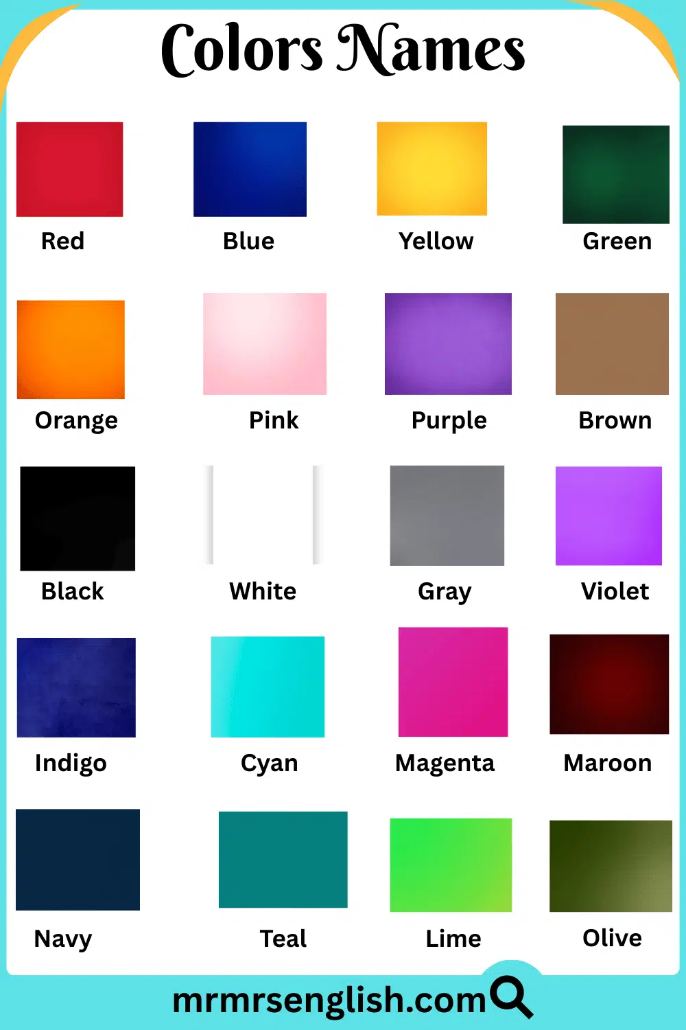 Colors Names for Kids in English with their Pictures
