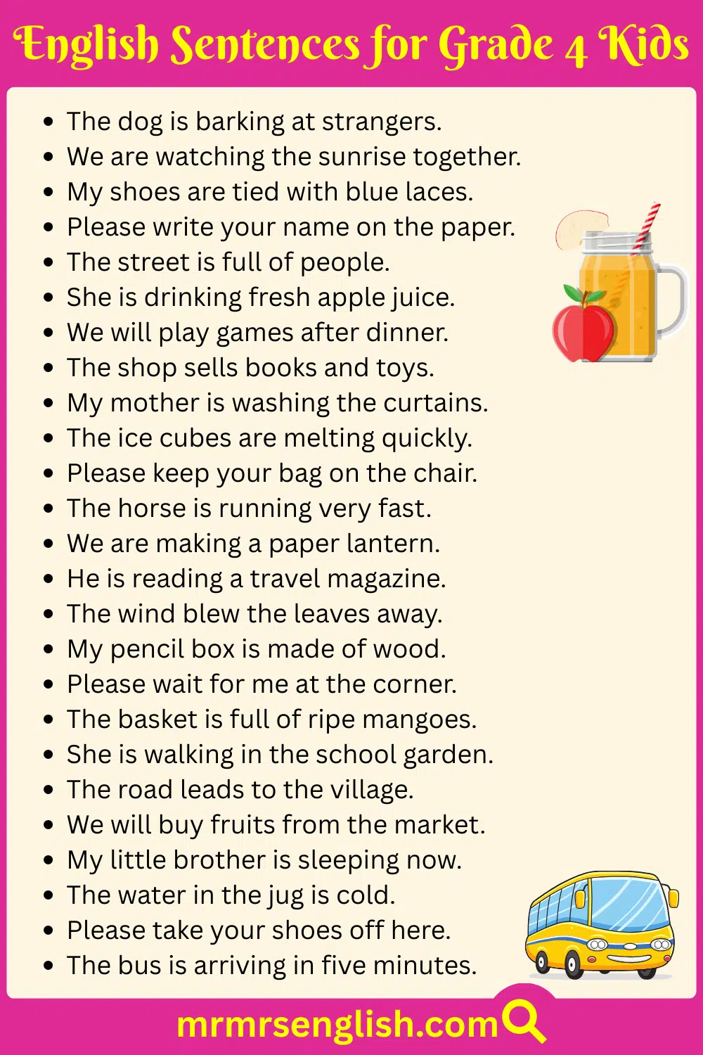 Easy Sentences for Grade 4 Kids