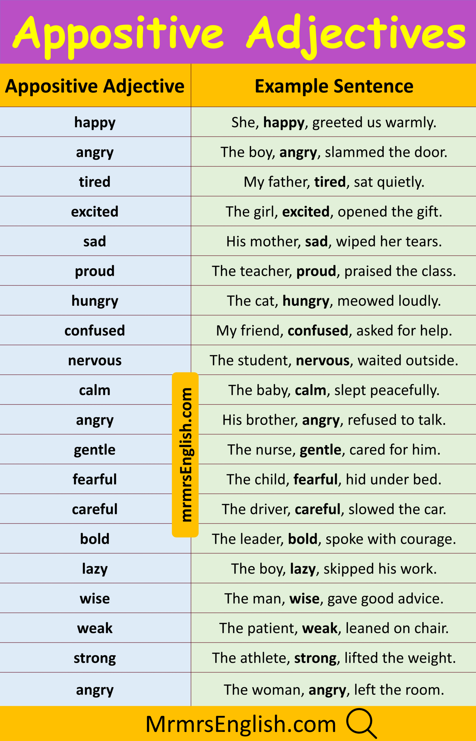 Explore Appositive Adjectives Examples Sentences in English