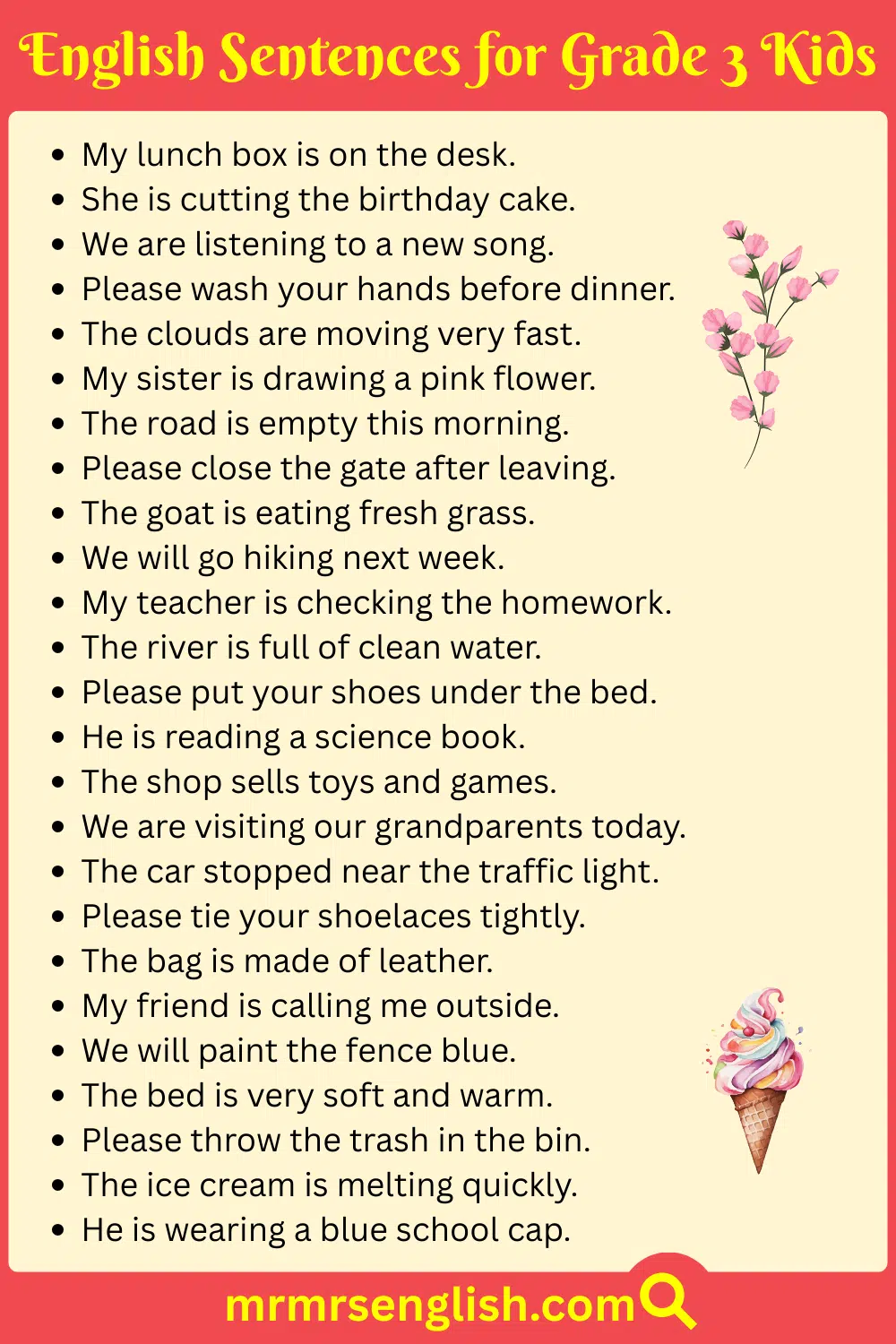 Grade 3 Kids English Sentences with Images