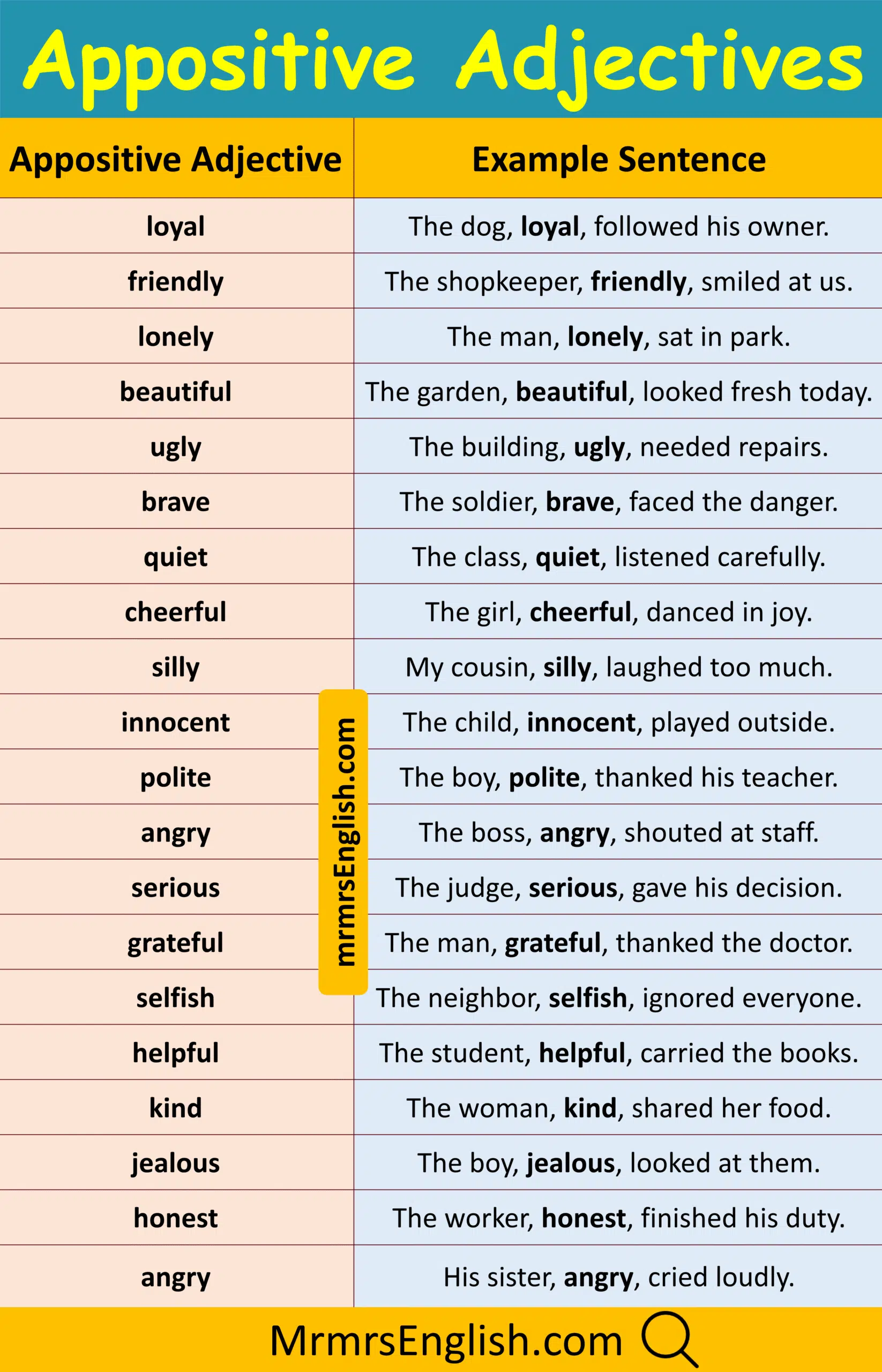Master Appositive Adjectives Examples Sentences in English