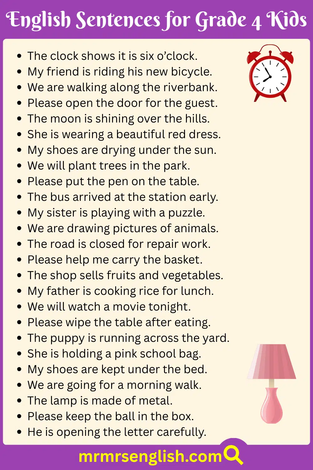 Short Common Phrases for Class four in English