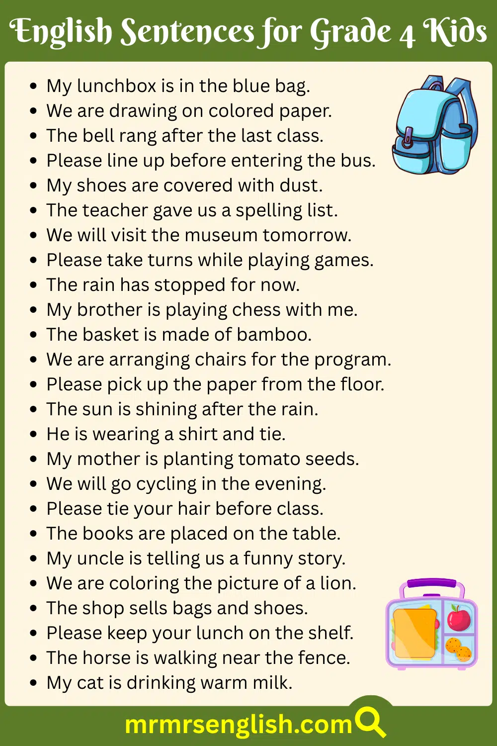Simple English Phrases for Class four Kids with Pictures
