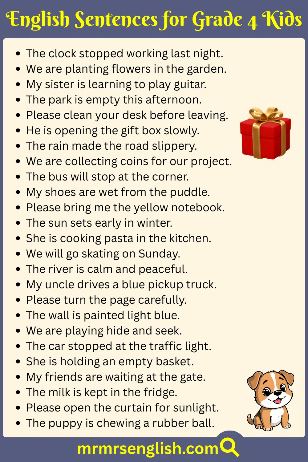 Simple English Sentences for Grade 4 with Pictures