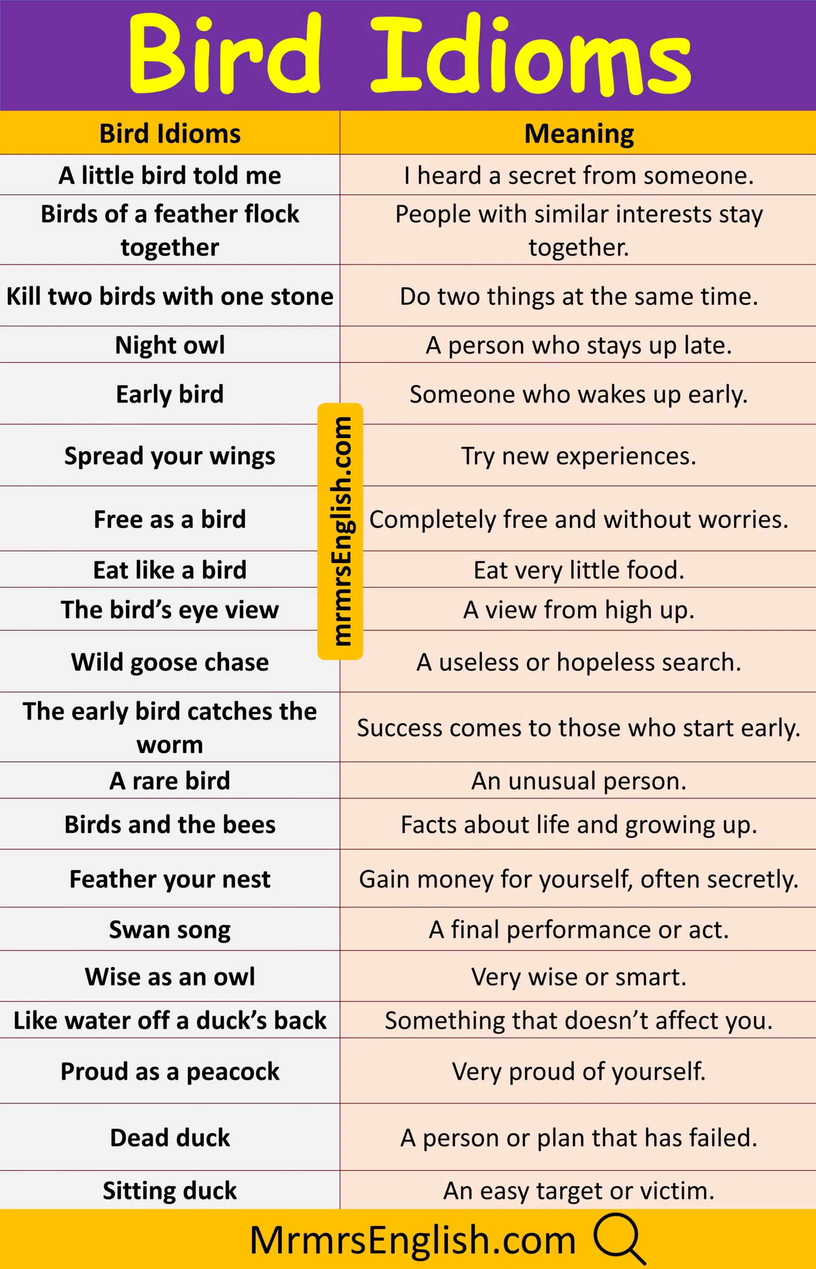 Learn Bird idioms in English with their meanings