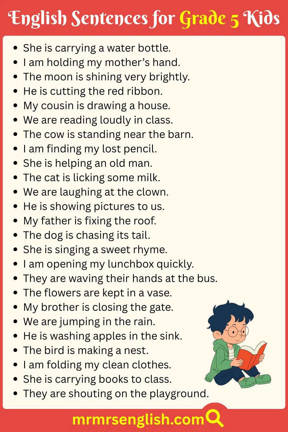Simple Sentences for 5th Class Kids with Images