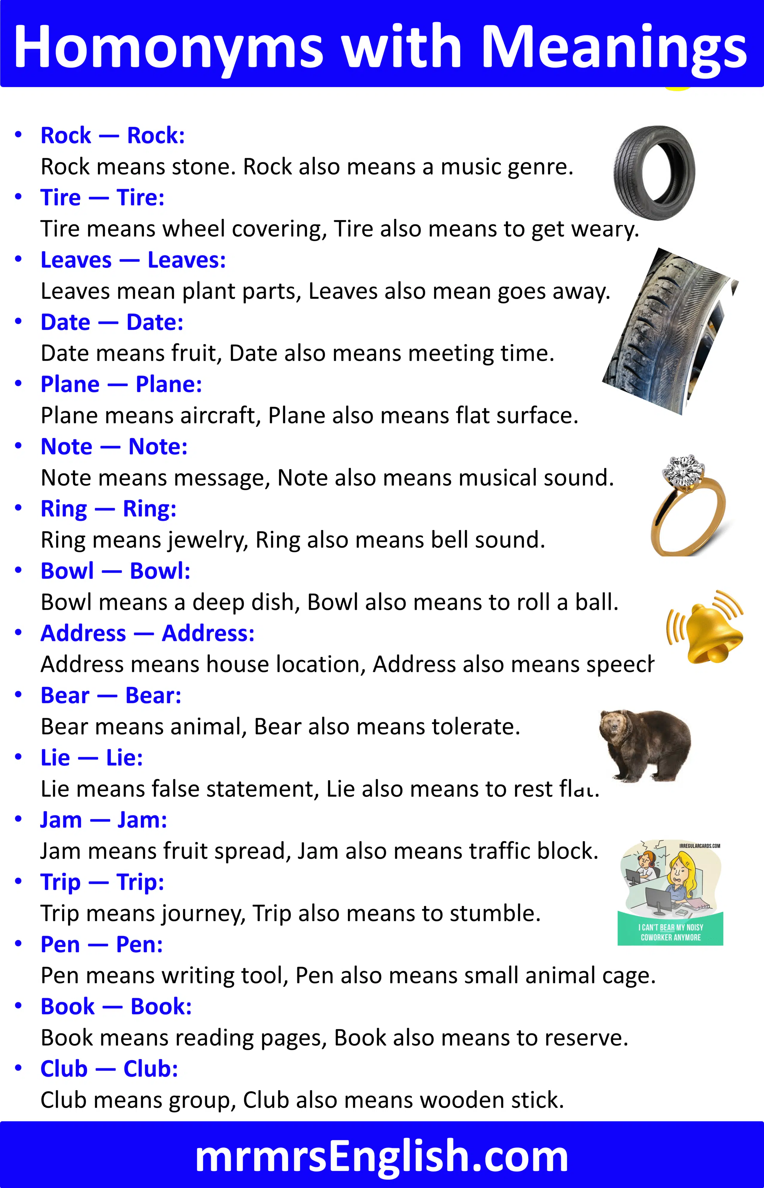 100 Homonyms and their Meaning and Pictures