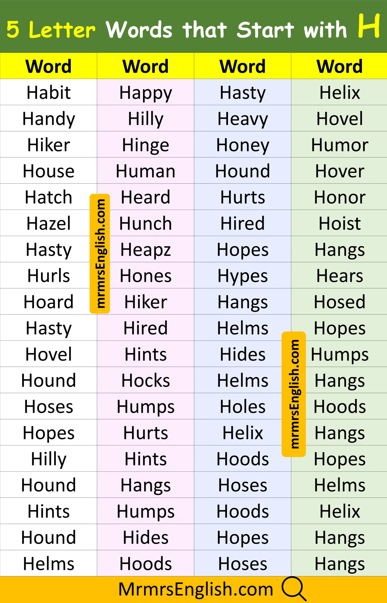 Common 5 Letter Words That Start with H with Pictures