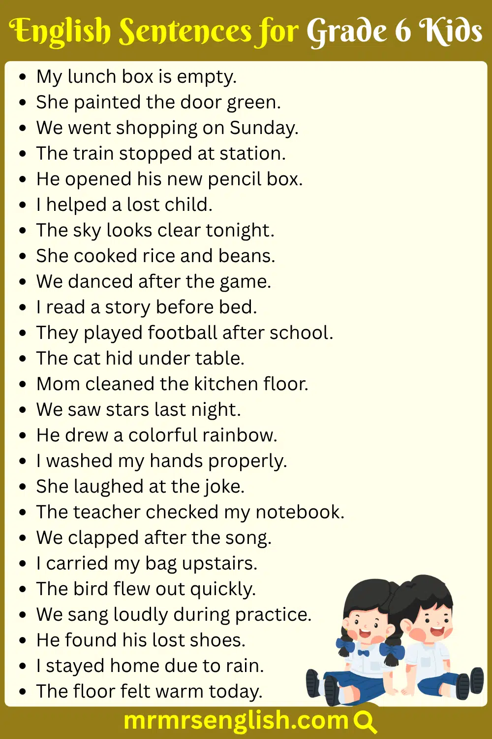 Easy and Daily Use Sentences for Class Six Kids