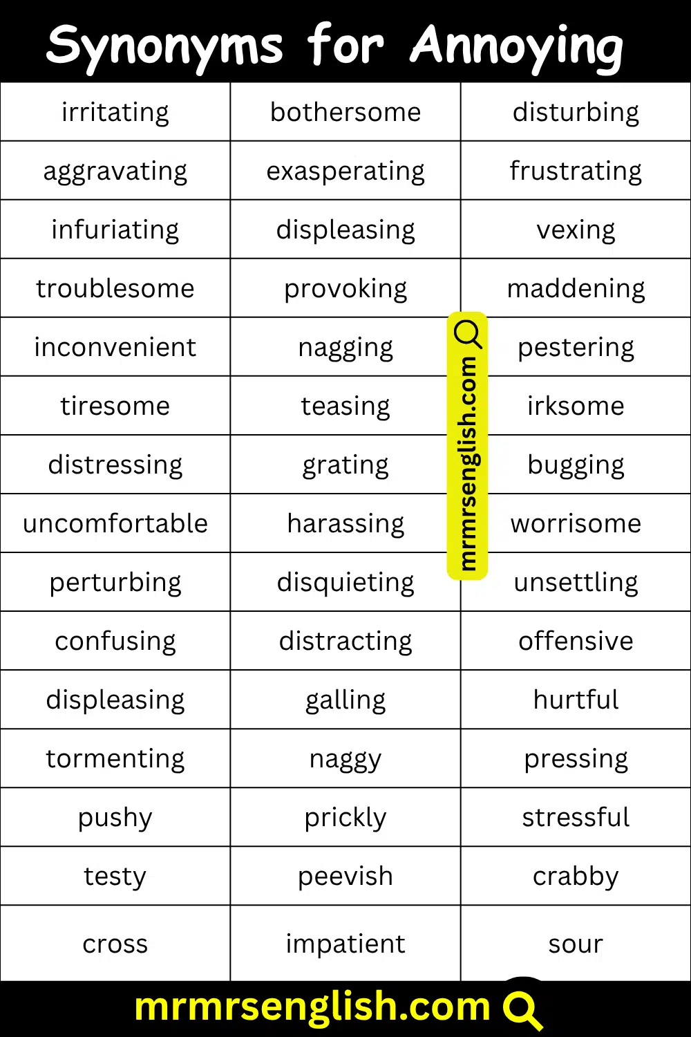 List of Synonyms for Annoying in English