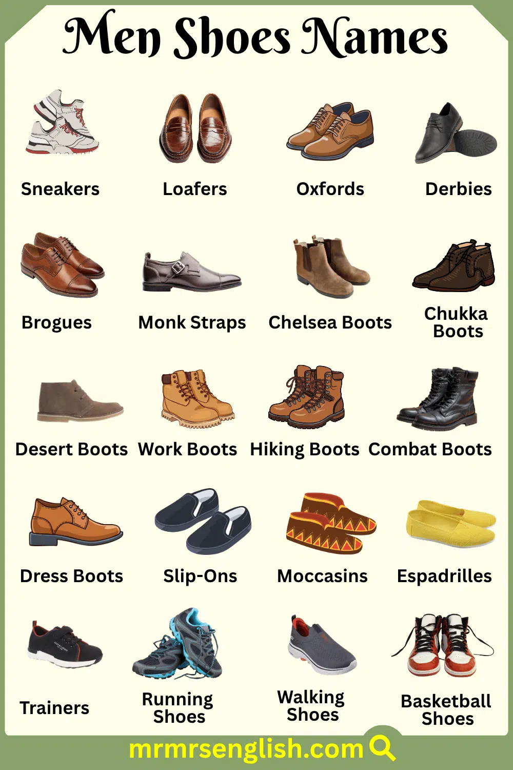Shoes Names for Men in English with Pictures 