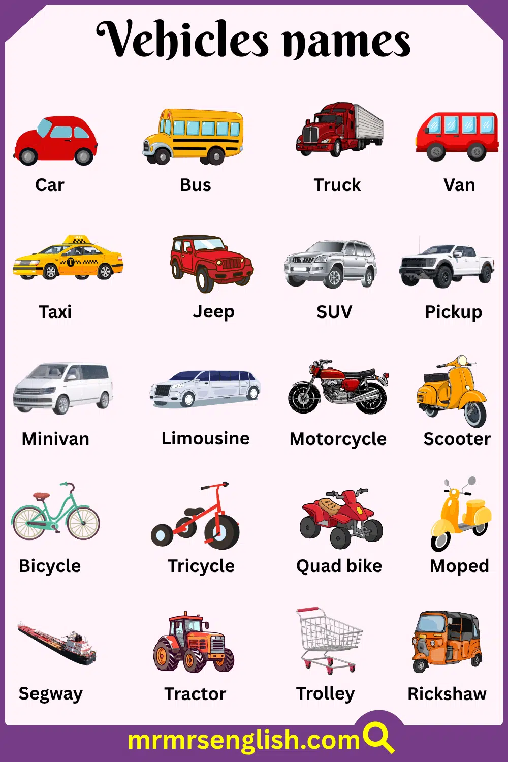 Transportation Vehicles Names in English with Pictures