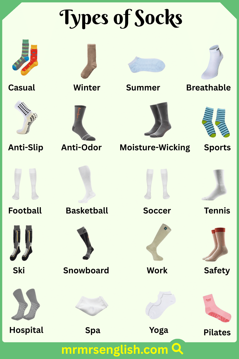 20 Types of Socks Names in English