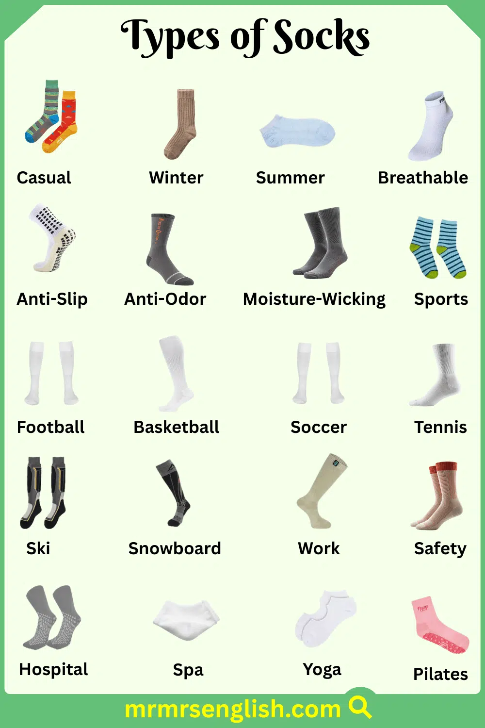 20 Types of Socks Names in English
