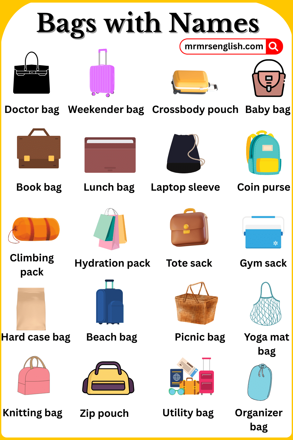 Common Bags Names with Their Pictures