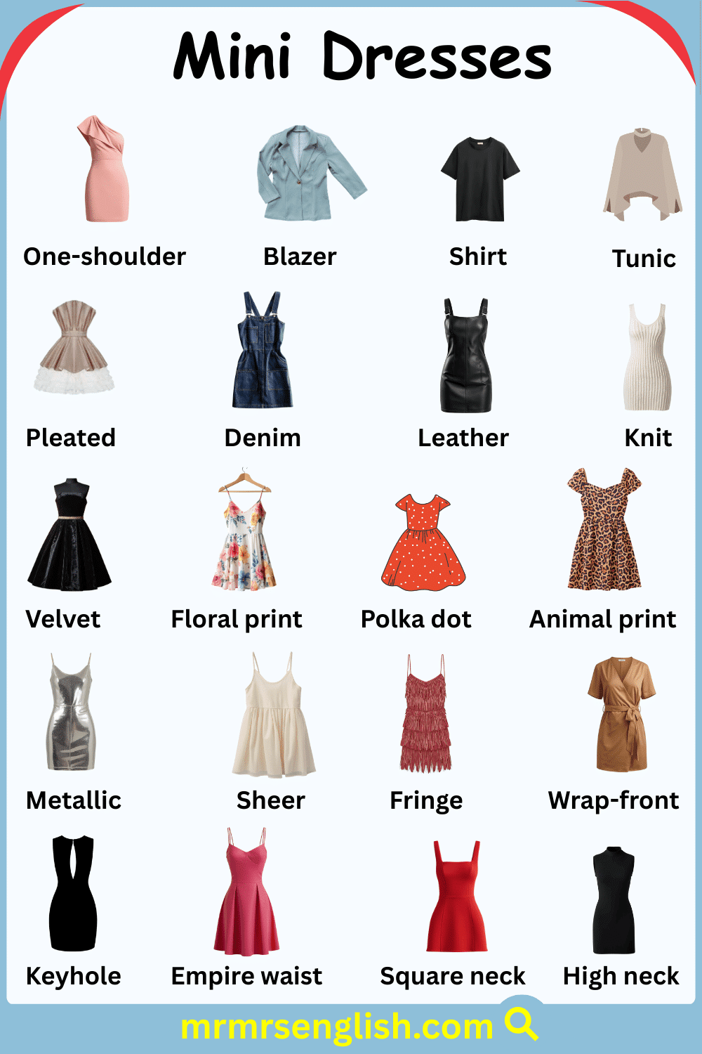 Different Types of Mini Dresses Names in English