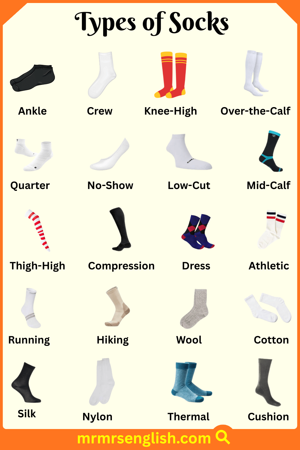 List of Socks Names in English With Images