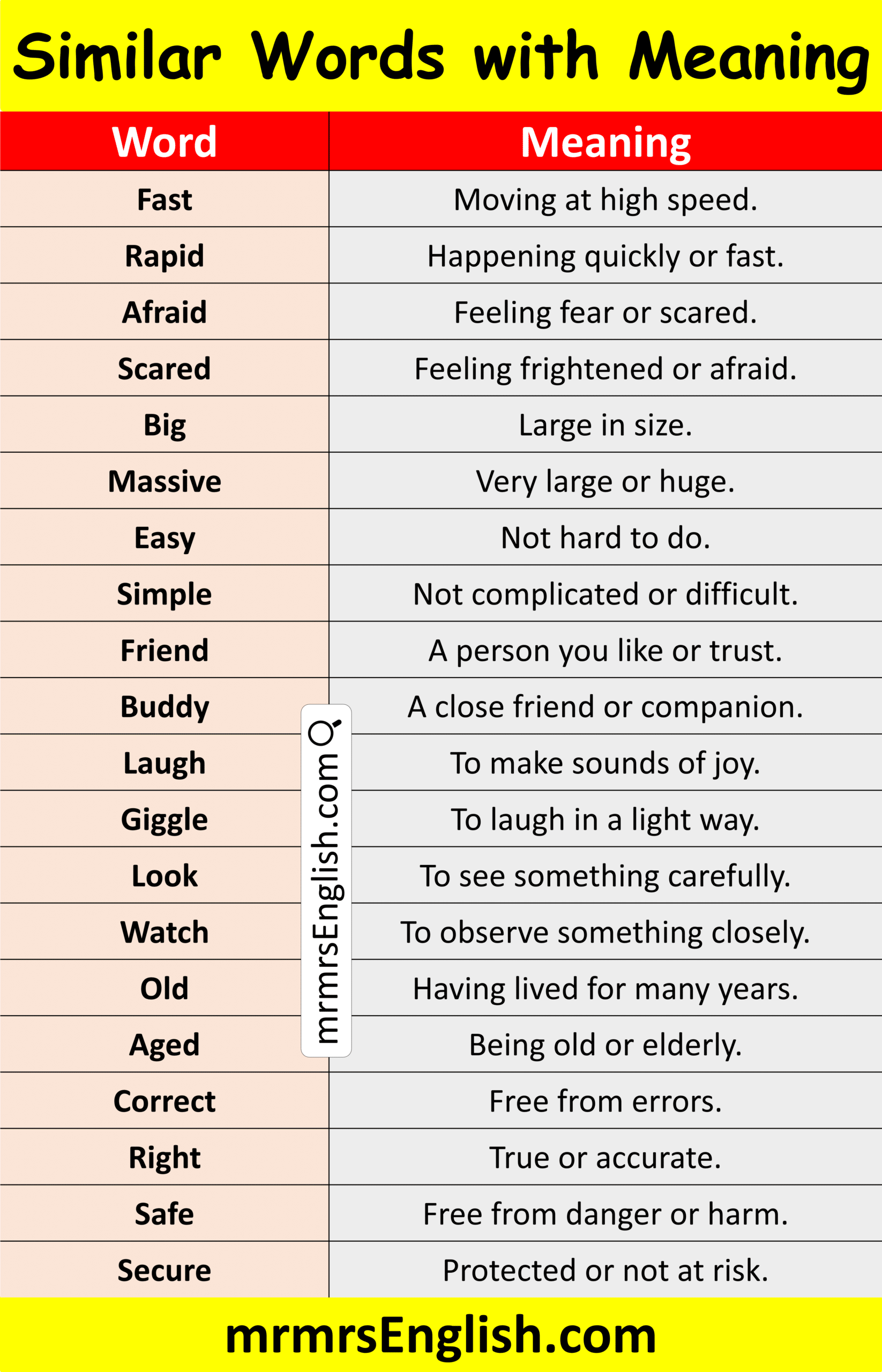 Similar Words for Kids with meaning in English