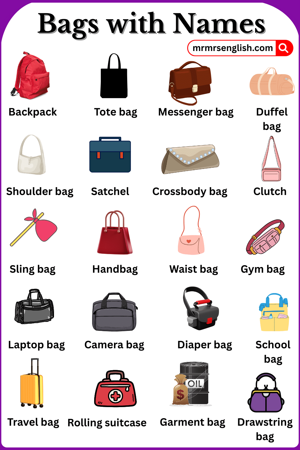 Types of Bags Names in English and Pictures
