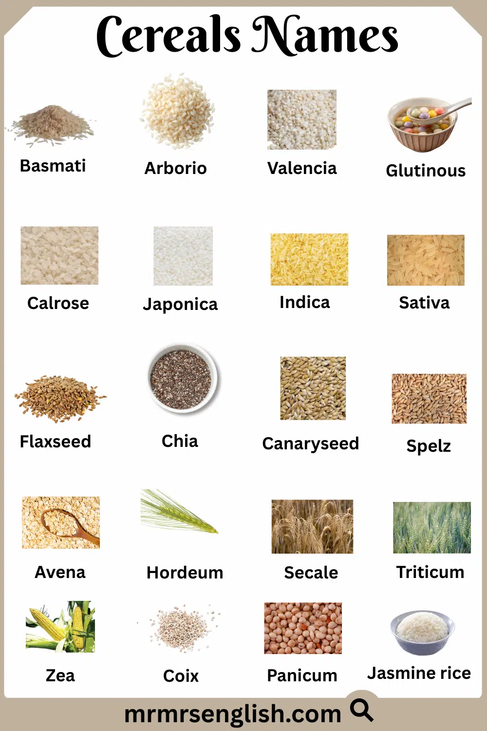 List of Cereals with Names and Pictures