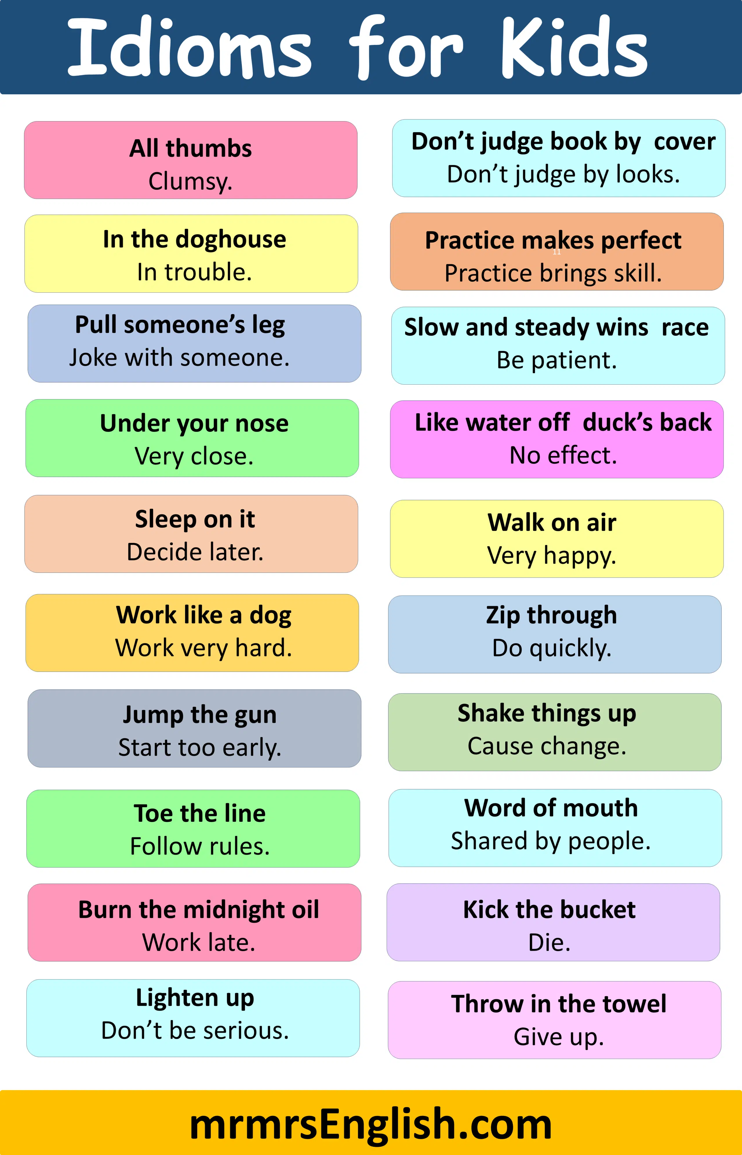 List of Idioms and their meanings for Kids in English