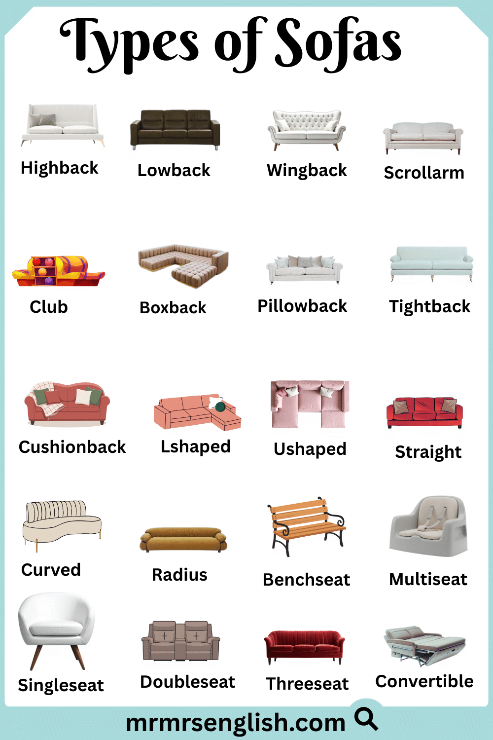 List of Sofas Names with Types and Pictures