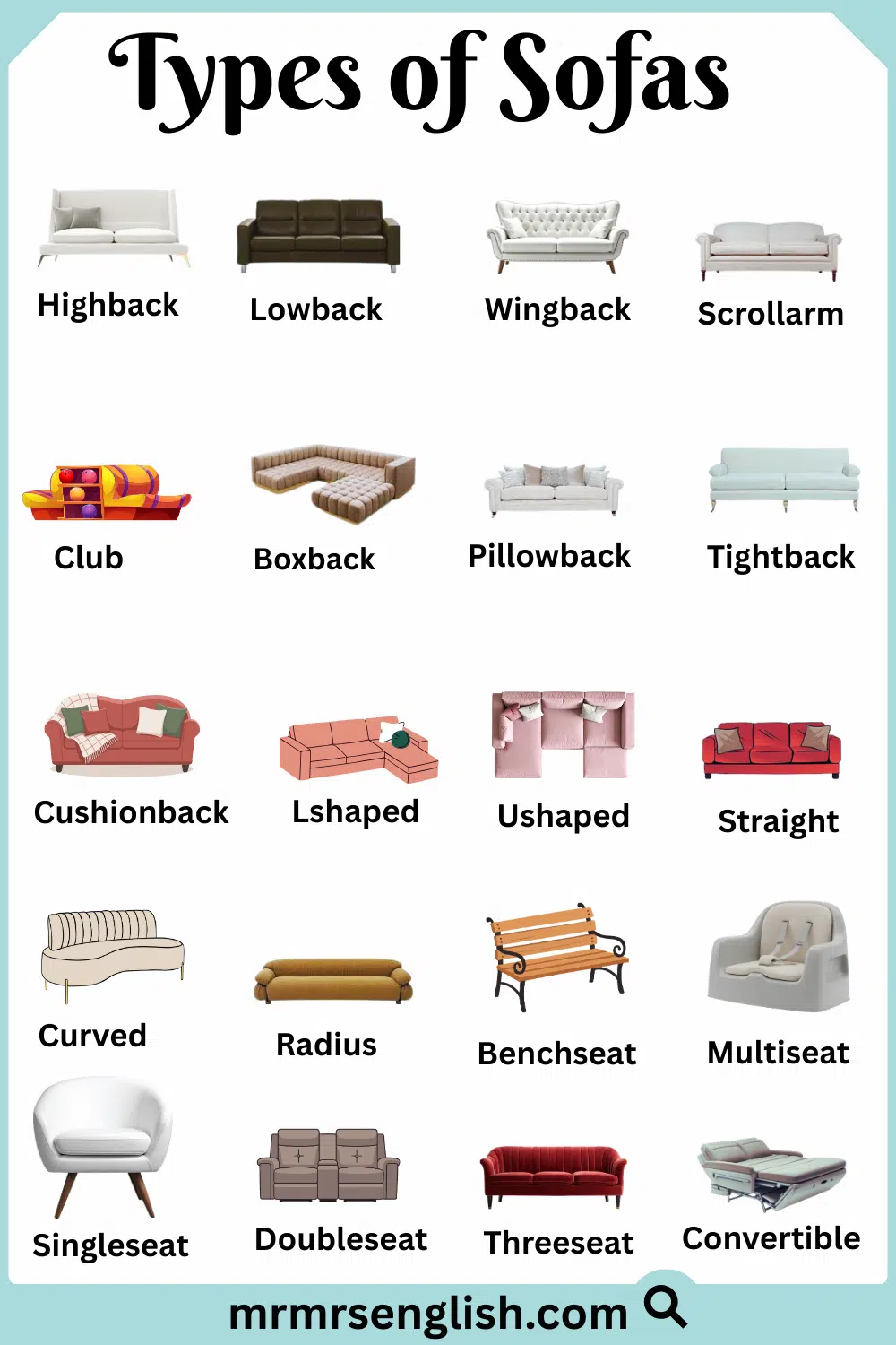 List of Sofas Names with Types and Pictures