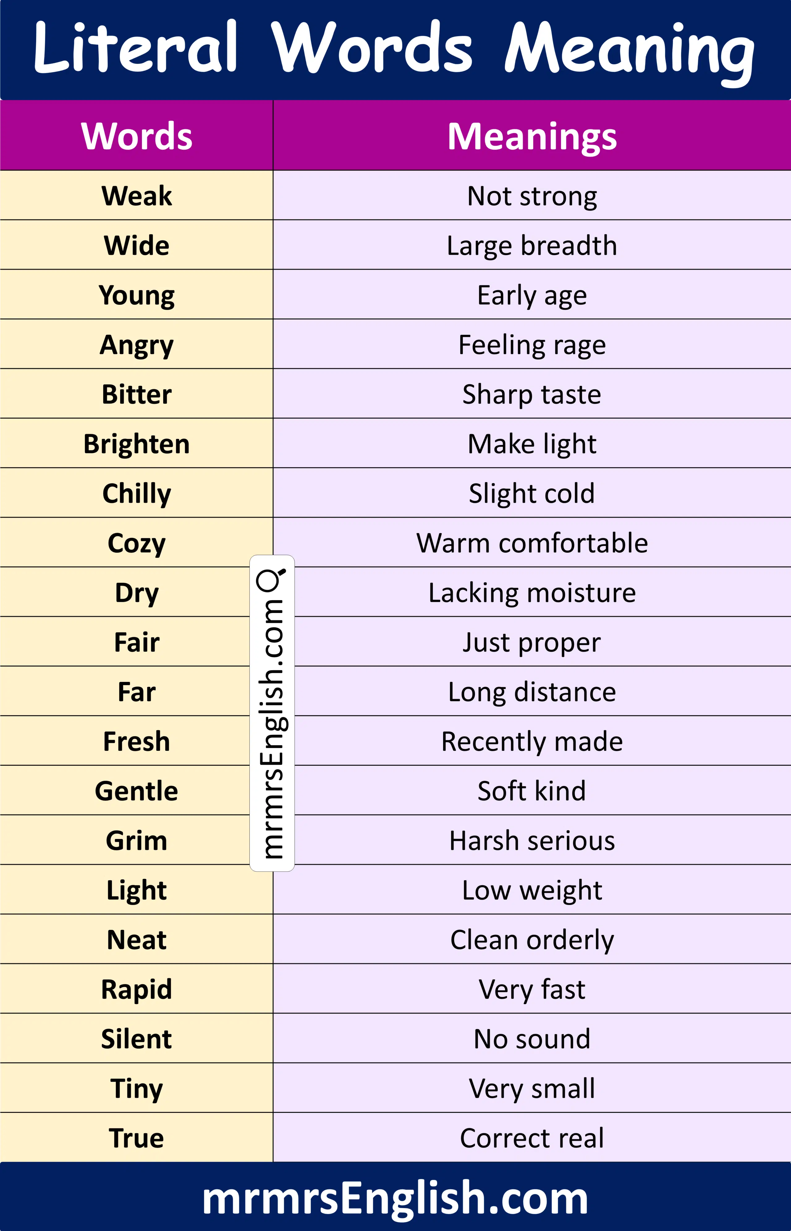 Common Literal Words with Meanings in English