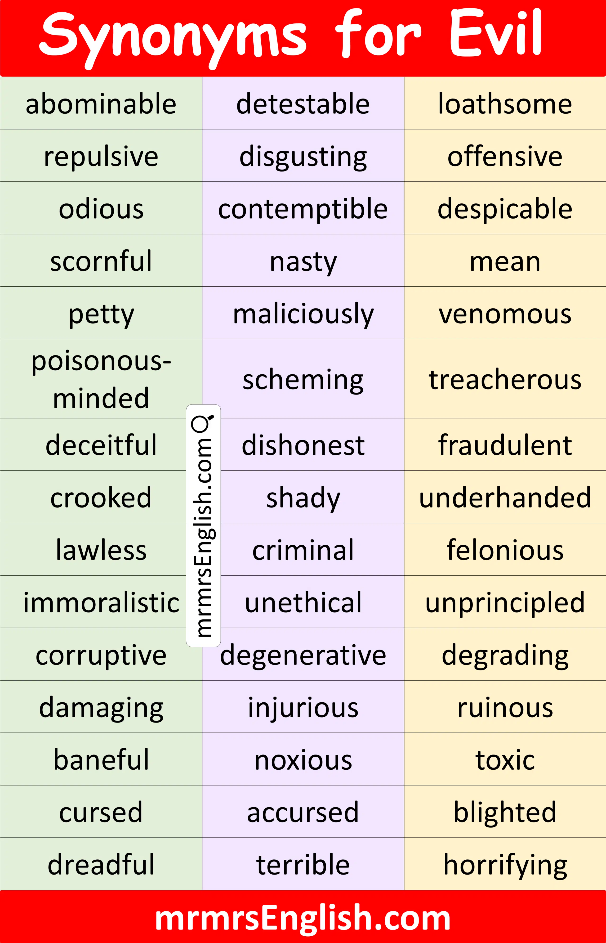 List of Evil Synonym in English with Pictures